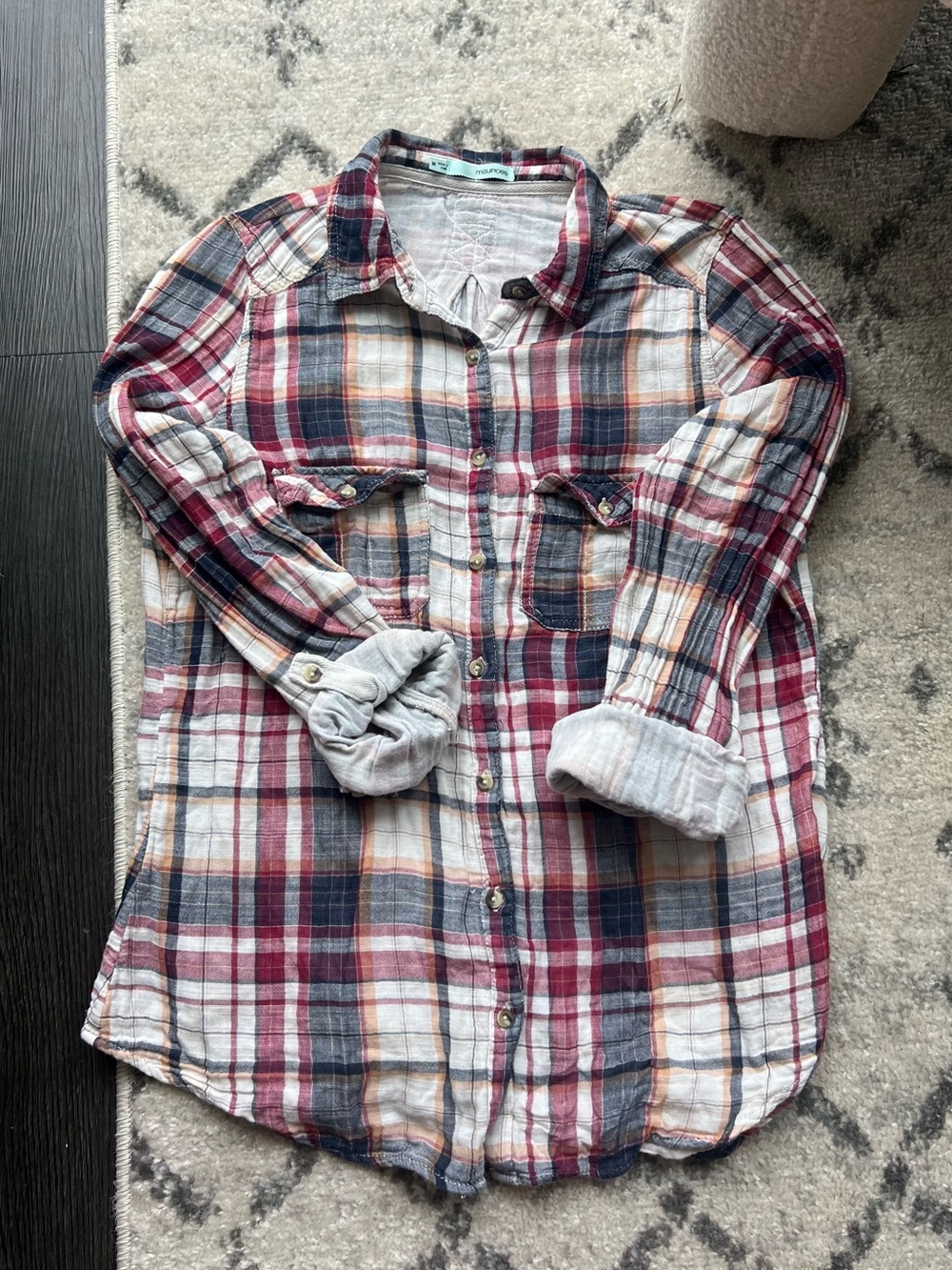 Maurices Plaid Button-Up Shirt in Navy, Red & Cream